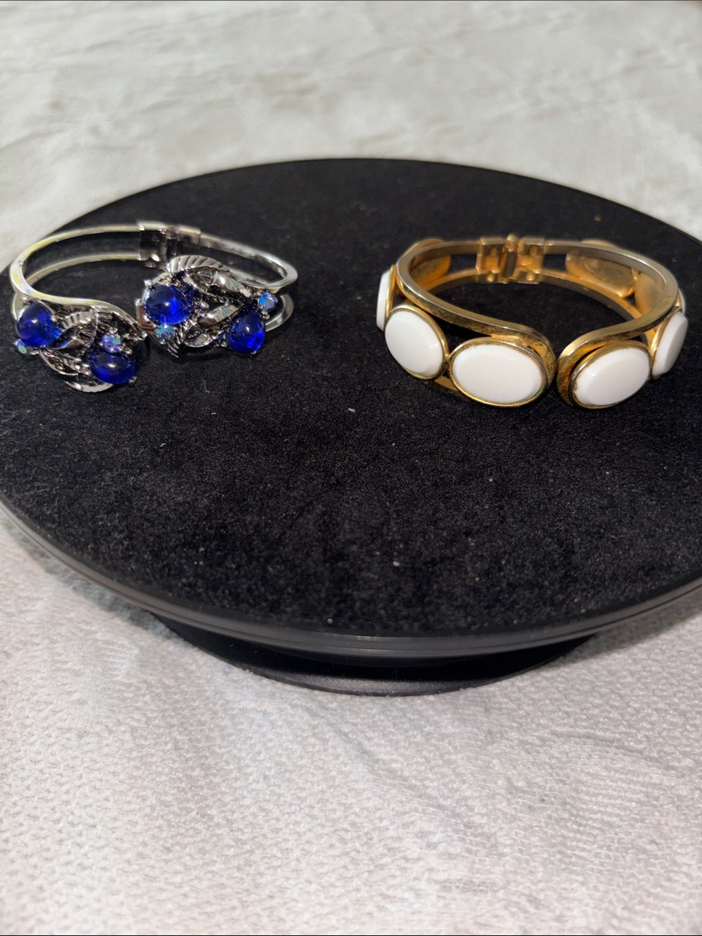 Gold-Tone White Enamel Oval Bracelet - Silver-Tone Blue Cabochon look Bracelet